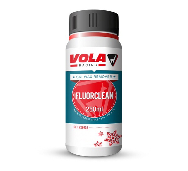 Eine Flasche Vola Racing Fluorclean 250ml mit der Aufschrift Ski Wax Remover.