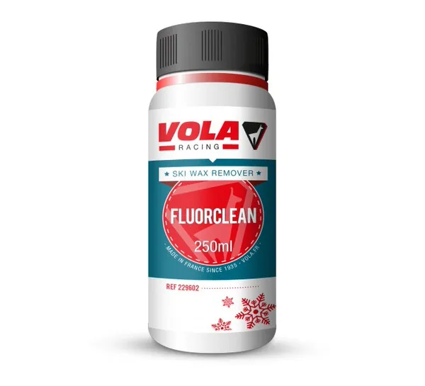 A bottle of Vola Racing Fluorclean 250ml with the inscription Ski Wax Remover.