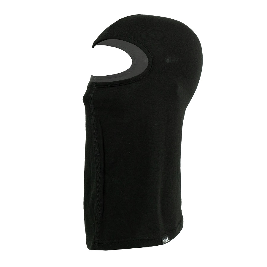 Schwarze P.A.C. Bamboo Balaclava, seitliche Ansicht, mit Augenöffnung und längerem Halstuch-Teil.