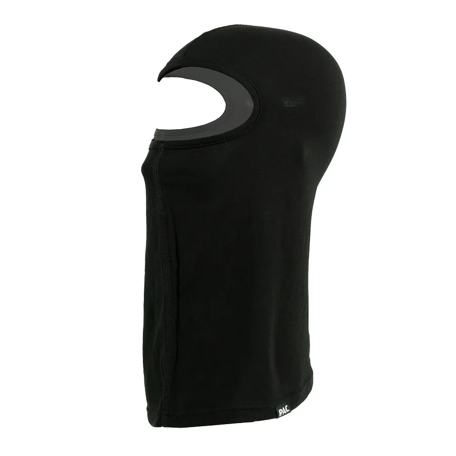 Schwarze P.A.C. Bamboo Balaclava, seitliche Ansicht, mit Augenöffnung und längerem Halstuch-Teil.