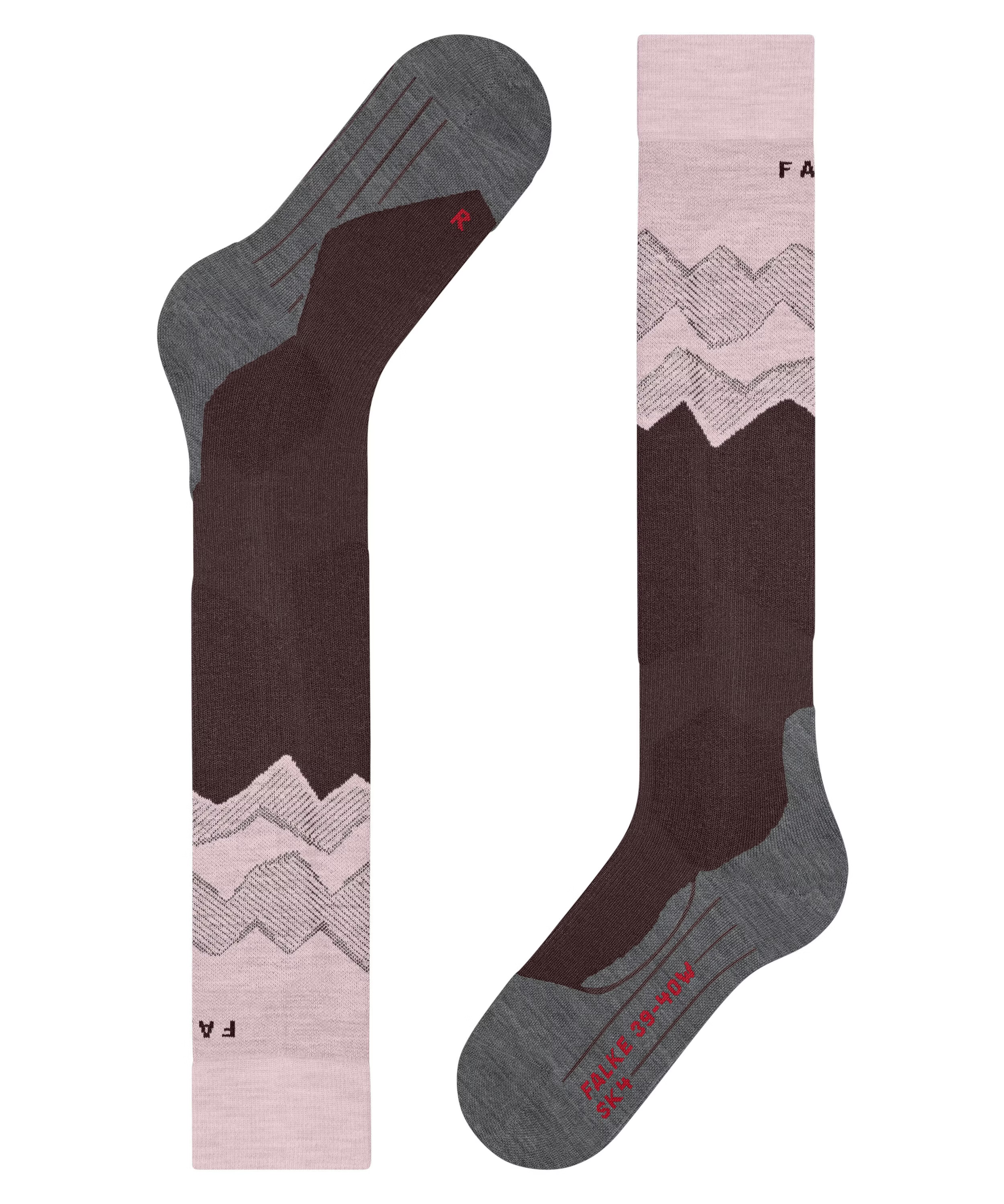 Ein Paar Falke-Skisocken vor weißem Hintergrund. Eine Socke vorn: dunkelbraun, Schaft/Ferse hellrosa, Zehen grau, Akzente grau, Zickzack-Muster in Grau am rosa Bereich. Die zweite Socke ähnlich.