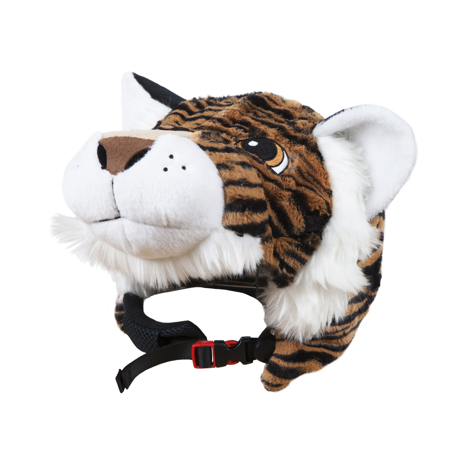 Skihelm-Überzug im Tigerdesign, mit Ohren und realistischen Tigerdetails. Sicherheitsgurt sichtbar.