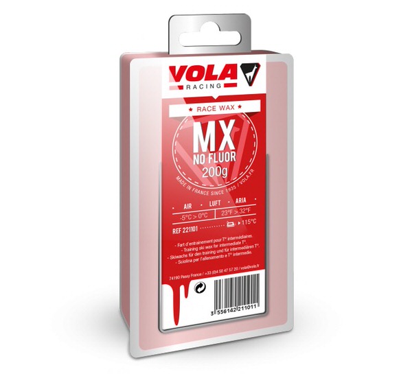 Packaging of the red Vola Racing MX Rouge ski wax, 200g, with temperature information.