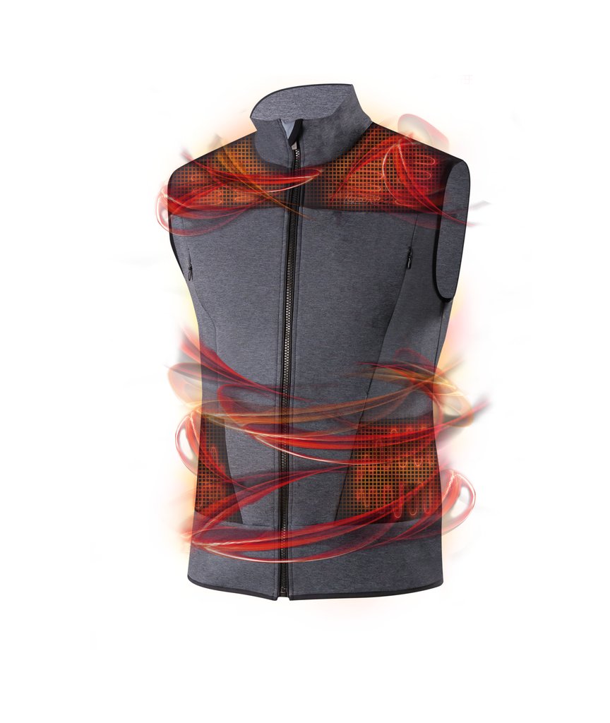 Graue Lenz Heat Vest 2.0 mit Reißverschluss und roten Heizelement-Grafiken.