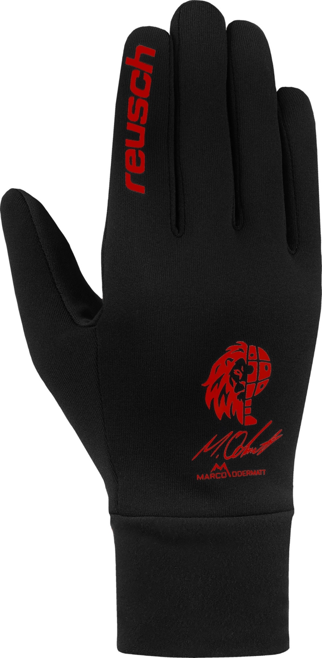 Schwarze Fleecehandschuhe Schwarzer Reusch Fleece Handschuh mit rotem Logo, Löwenkopf, Unterschrift und "Marco Odermatt" Schriftzug.
