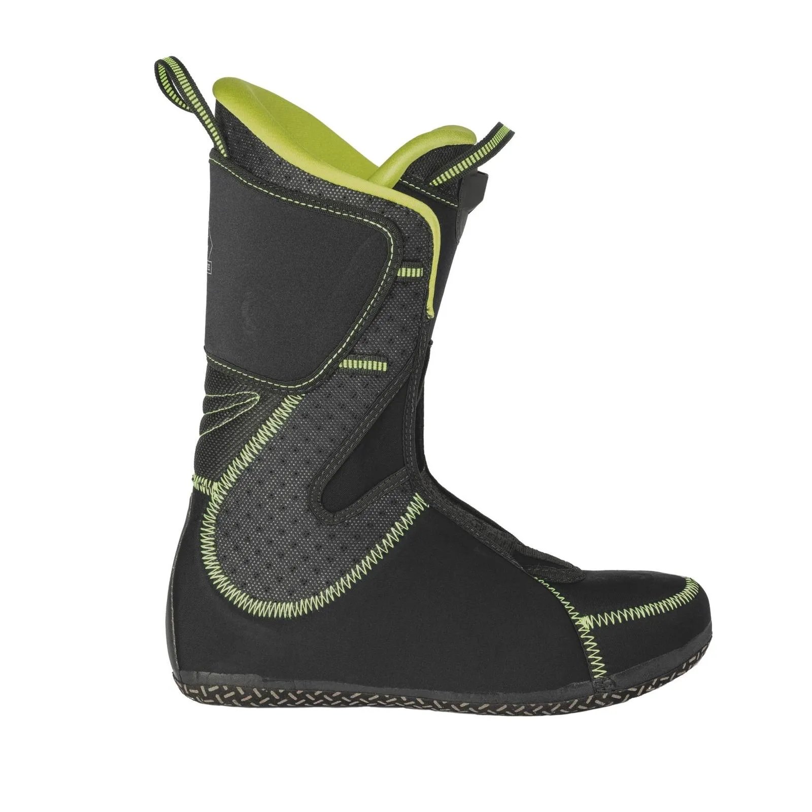 Innenschuh für Scott Cosmos Tour Skitourenschuh, schwarz mit neongrünen Akzenten, seitliche Ansicht.
