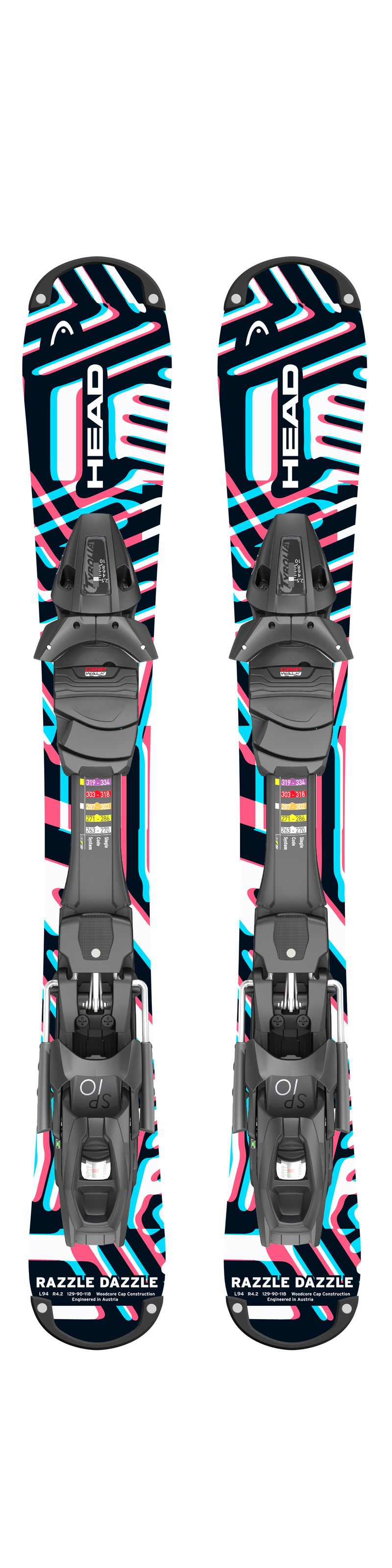 Ski Head RazzleDazzle 94cm mit Tyrolia Bindung, bunter Musterung in Schwarz, Pink und Türkis.