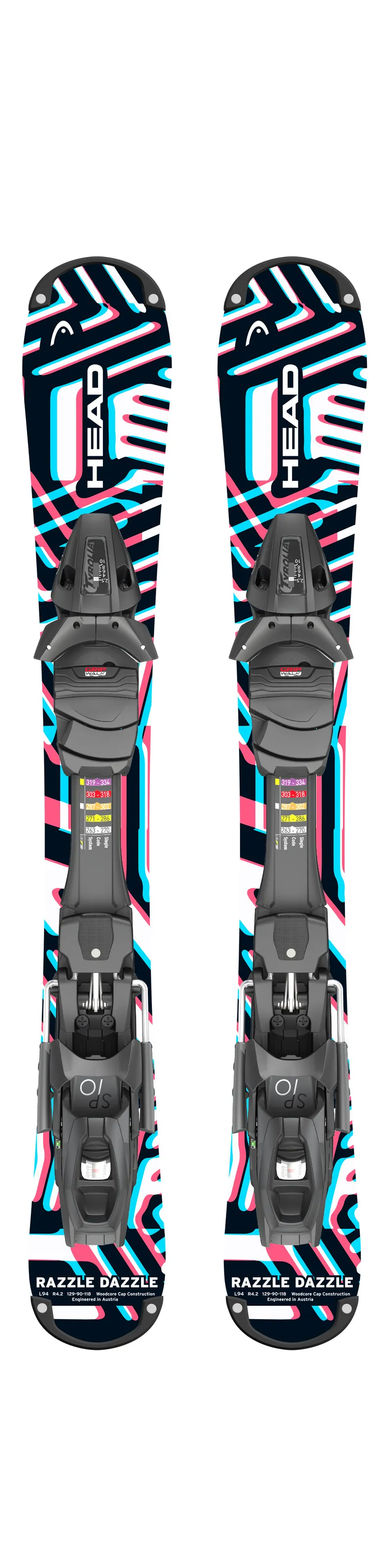 Ski Head RazzleDazzle 94cm mit Tyrolia Bindung, bunter Musterung in Schwarz, Pink und Türkis.