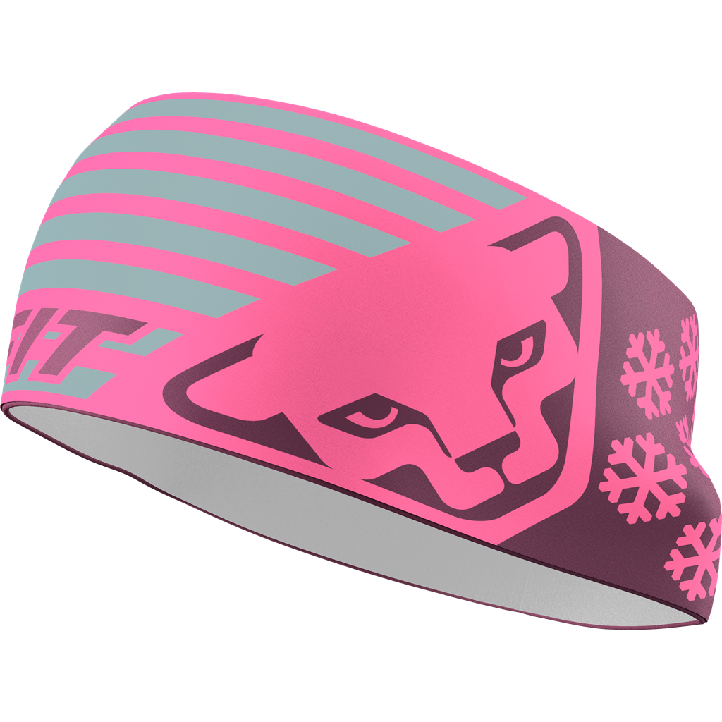 Bandeau sportif en forme de chat Bandeau rose avec une tête de chat stylisée, des rayures grises et un motif de flocons de neige pour les activités sportives.