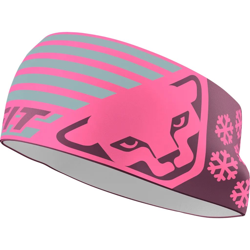 Fascia rosa con testa di gatto stilizzata, strisce grigie e motivo a fiocco di neve per attività sportive.