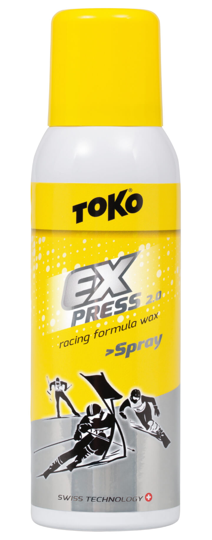 Gelb-weiße Spraydose Toko Express Racing Spray mit Skirennläufer-Illustration.