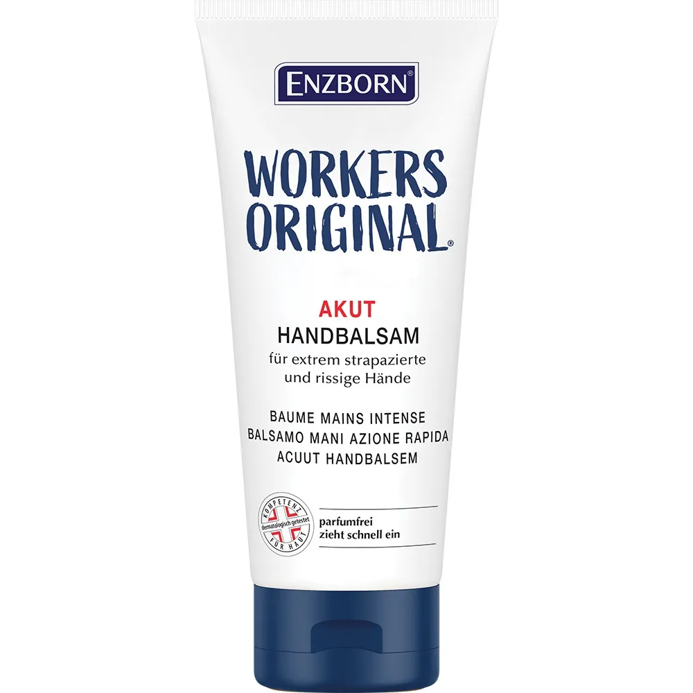 White tube of hand balm from Enzborn, "Workers Original", with blue lettering and blue lid. Information on ingredients and properties printed on the tube.