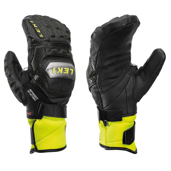 Zwei schwarze Leki Worldcup Race TI S System Fäustlinge mit gelbem Handgelenkband, von vorne und von der Seite.
