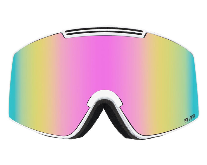 Skibrille "Miami Nights Proform" mit farbiger Revo-Linse und weißem Rahmen, frontal.