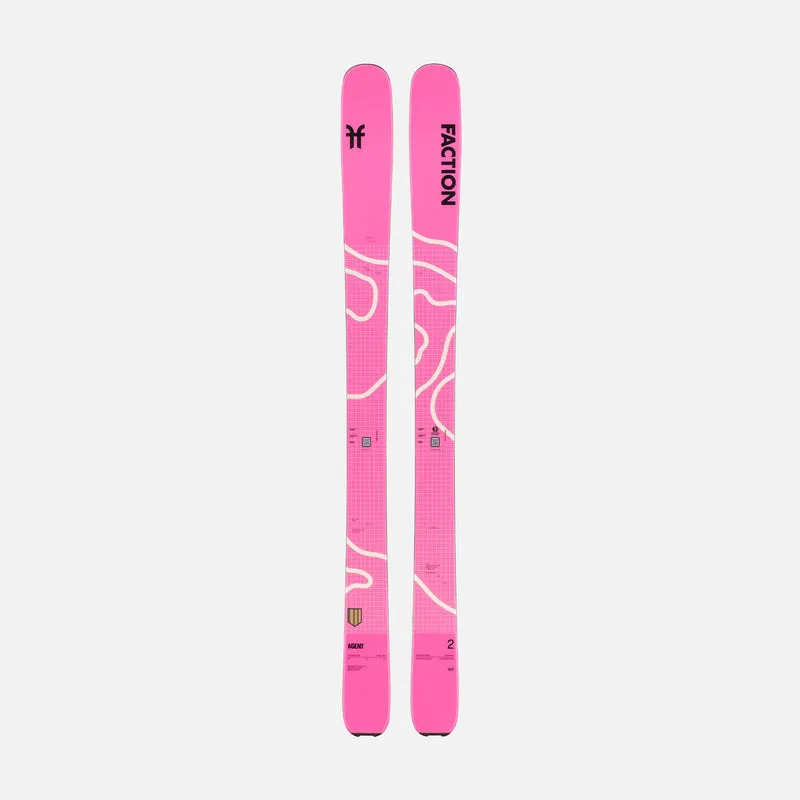 Two pink skis from the brand Faction with an abstract white pattern on a light gray background.