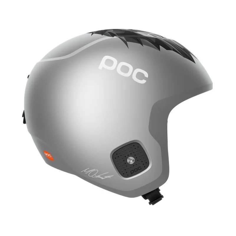 Casco da sci POC Skull Dura Junior argento, vista laterale, con lindesign sulla parte superiore e firma di Marco Odermatt.