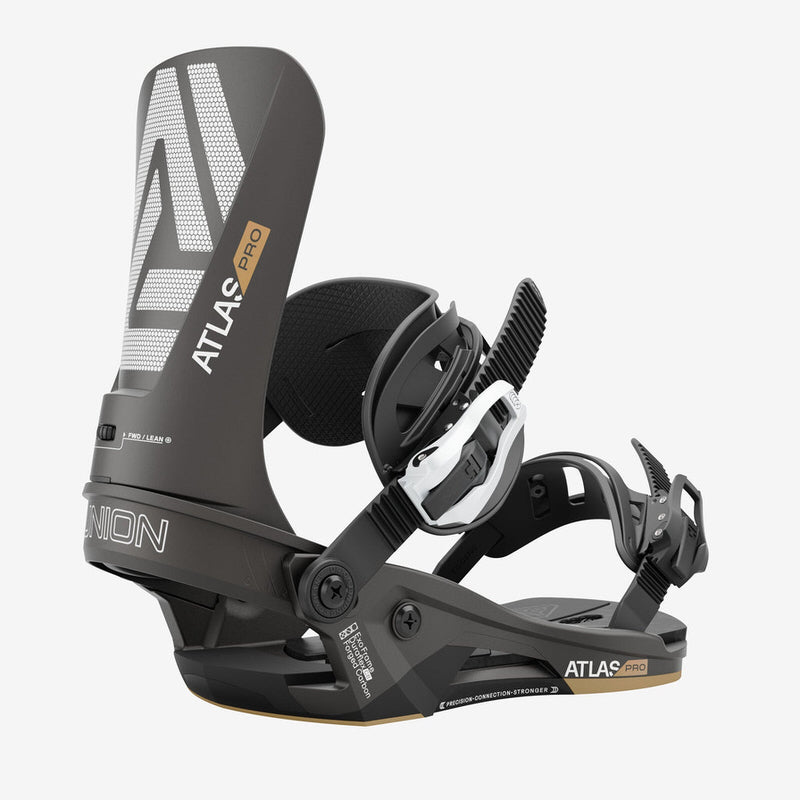 Schwarze Union Atlas PRO Snowboardbindung im Detail, seitliche Ansicht.