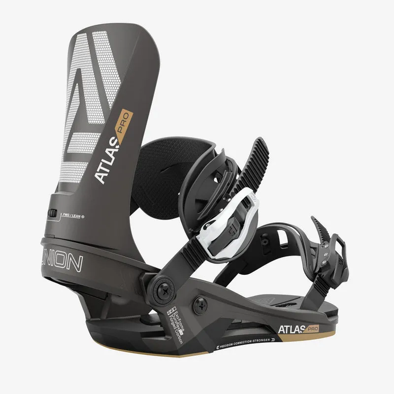 Black Union Atlas PRO snowboard binding in detail, side view.