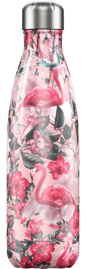 Schmale, rosafarbene Trinkflasche mit tropischem Flamingo- und Blumenmuster, silberfarbener Deckel.