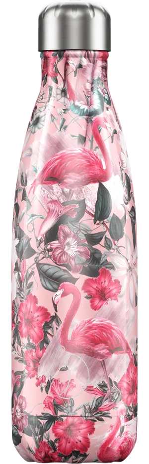 Schmale, rosafarbene Trinkflasche mit tropischem Flamingo- und Blumenmuster, silberfarbener Deckel.