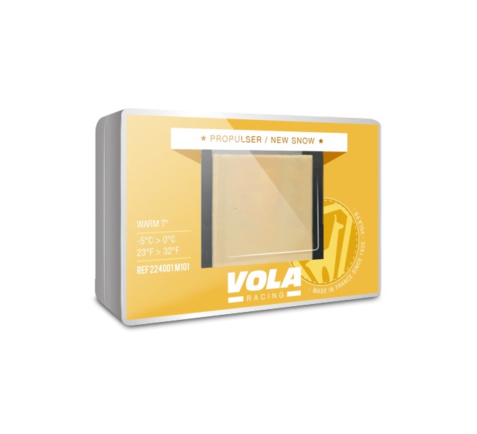 Verpackung eines gelben Vola Racing Jaune Startbeschleuniger Blocks mit Sichtfenster auf den Wachs.