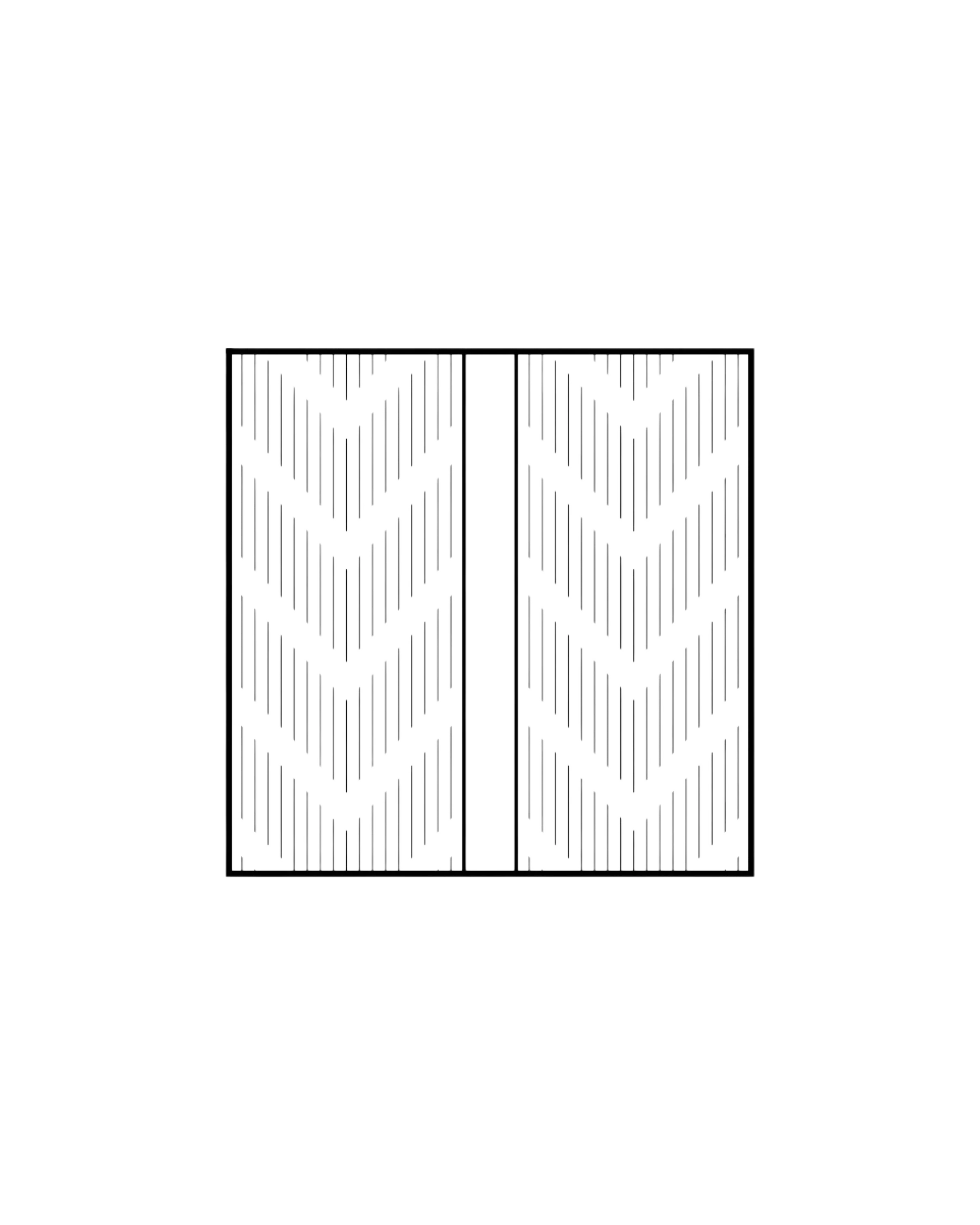 Forme rectangulaire divisée en deux zones avec des motifs en V descendants formés de lignes verticales.