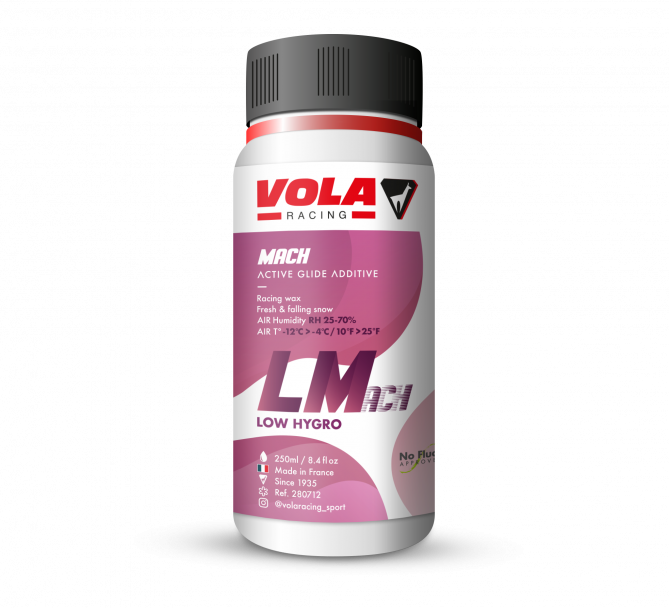 Weisse Flasche Vola LMach Violet Flüssigwachs mit violetten Akzenten und schwarzem Deckel.
