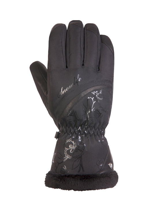 Schwarzer Lady Fairytale DT Snowlife Handschuh mit Kunstpelz und Blumenmuster.