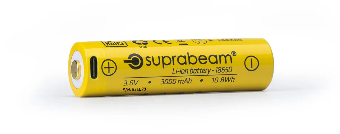 Yellow Suprabeam 18650 Li-Ion USB-C battery with 3000 mAh for M6xr flashlight, on white background.