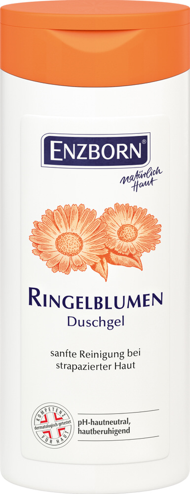 Weiße Flasche Ringelblumen Duschgel mit orangem Deckel und Ringelblumen-Motiv.