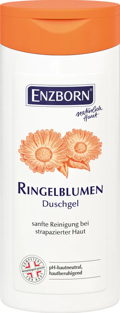 Bouteille blanche de gel douche au calendula avec couvercle orange et motif de calendula.