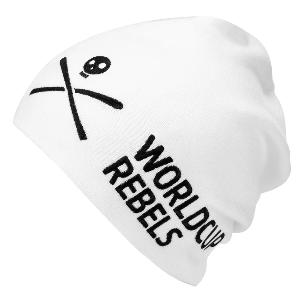 White beanie with "Worldcup Rebels" lettering and skull logo.