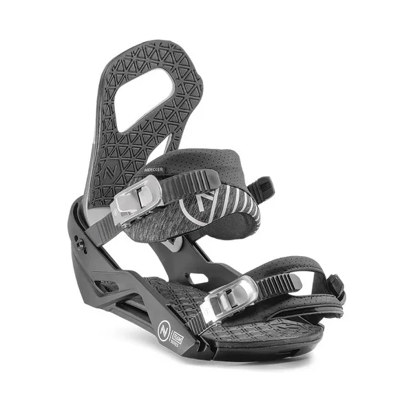 Dark gray Nidecker Team snowboard binding, side view, isolated on white background.