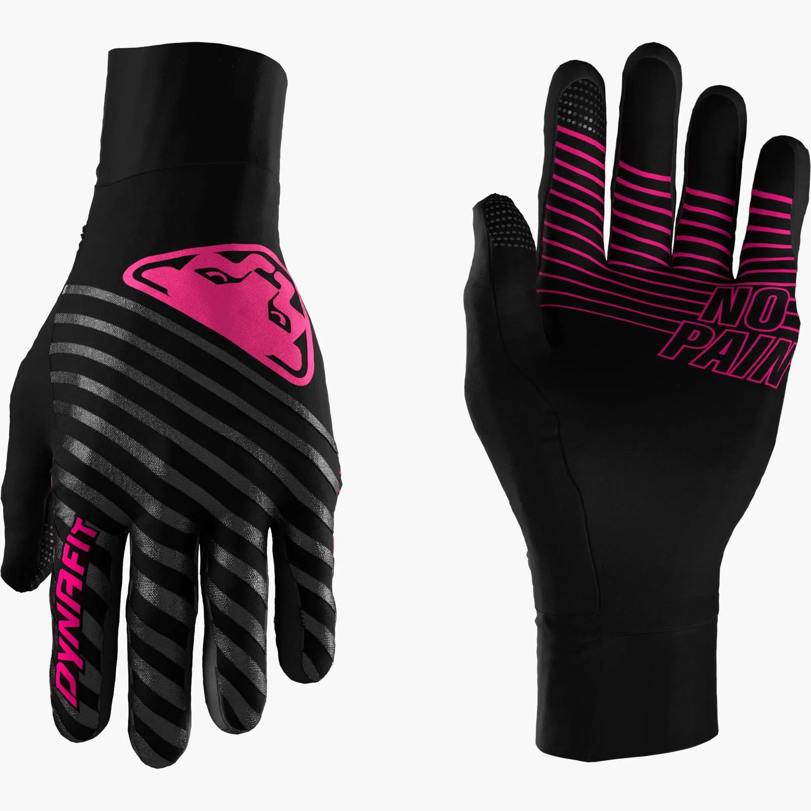 Due guanti neri Dynafit Alpine Reflective con accenti rosa e strisce riflettenti.