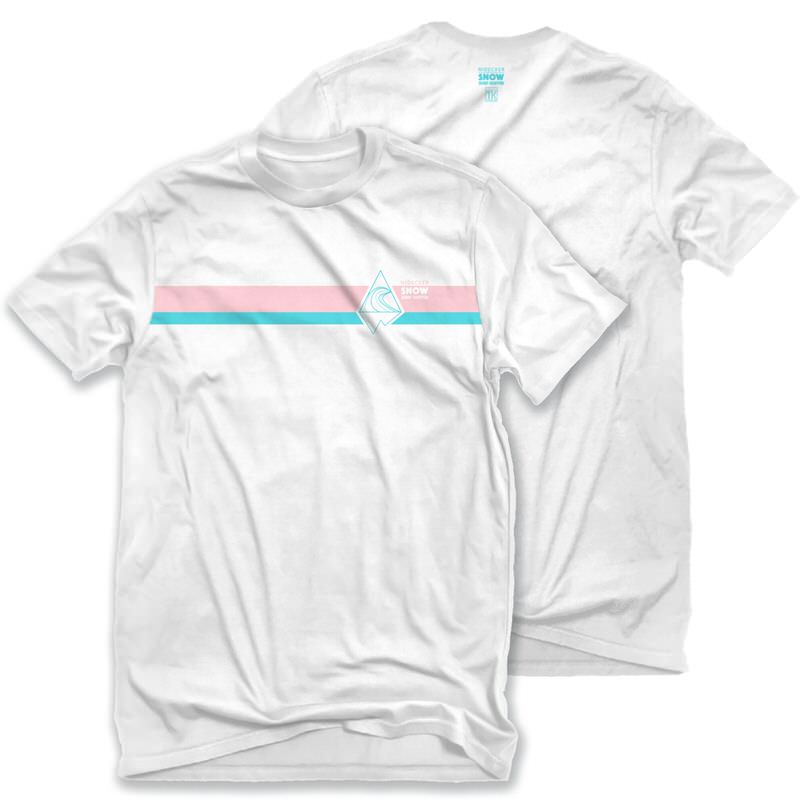 T-shirt blanc Nidecker Snowsurf avec des bandes roses et turquoises et le logo.