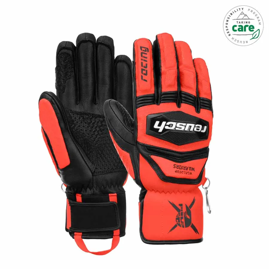 Two Reusch Worldcup Warrior SC ski gloves in red and black.