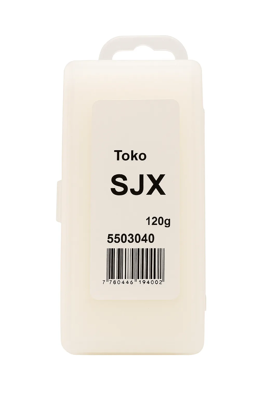Weisse Box mit dem Aufdruck "Toko SJX 120g" und einem Barcode. Das Produkt ist Racing Paraffin (Heisswachs).