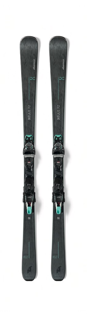 Damen Ski, Nordica Belle DC 72, frontal. Graues Muster mit türkis farbenen Akzenten. Bindung montiert.