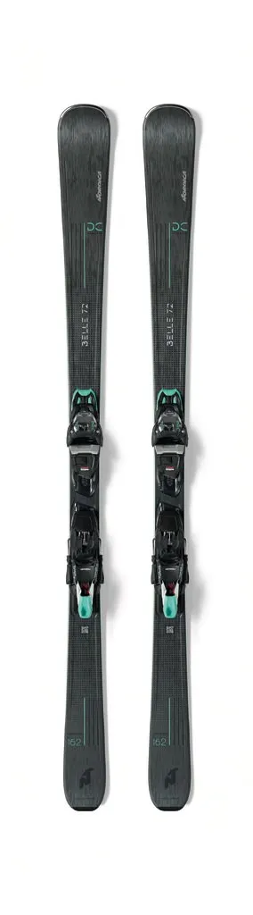 Women's ski, Nordica Belle DC 72, frontal. Grey pattern with turquoise accents. Binding mounted.