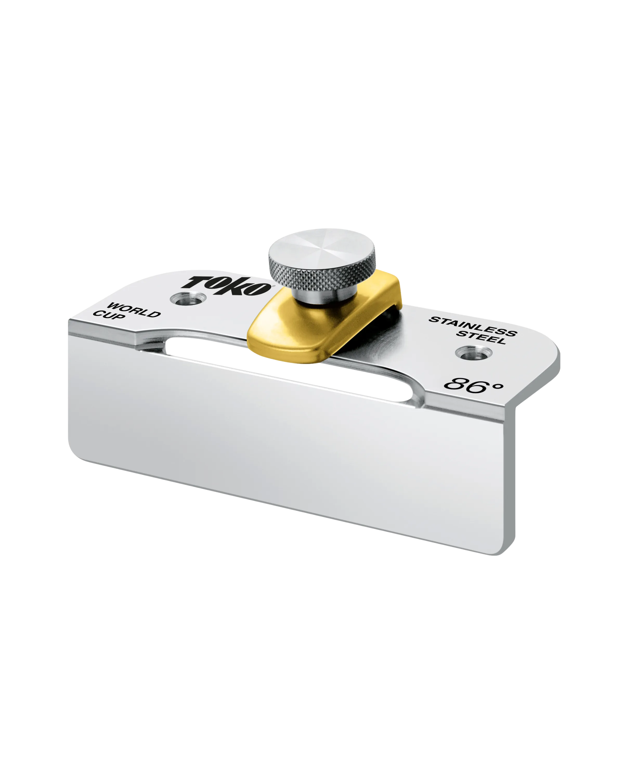 Nahaufnahme eines Ski-Kantenwinkels mit silbernem Körper, goldenem Keil und gerändeltem Knopf. "86°" und "Stainless Steel" sind sichtbar.