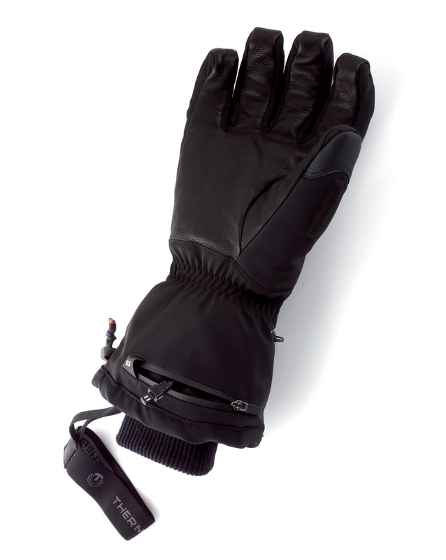 Gants noirs Therm-ic Un seul gant noir Therm-ic Heat Ultra Glove Men, avec du cuir sur la paume et une poche au poignet.