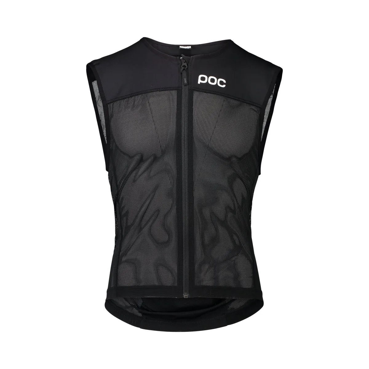 Gilet noir Spine VPD AIR Women, vue de face. Fermeture éclair au milieu, logo POC sur la poitrine. Des inserts en filet assurent la ventilation.