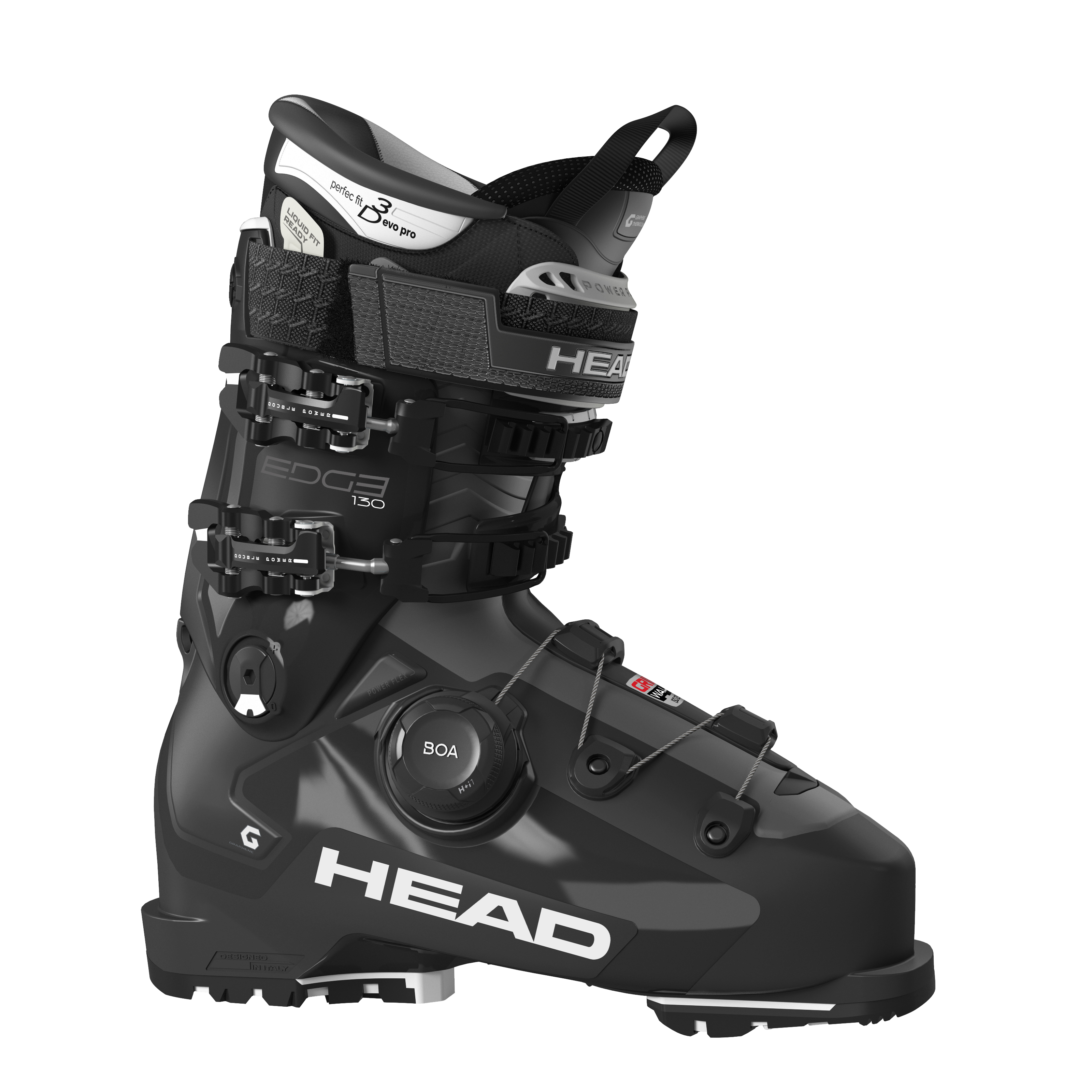 Schwarzer Head EDGE 130 HV GW BOA Skischuh mit weissen Akzenten, seitliche Ansicht. Das BOA Fit System ist gut sichtbar.