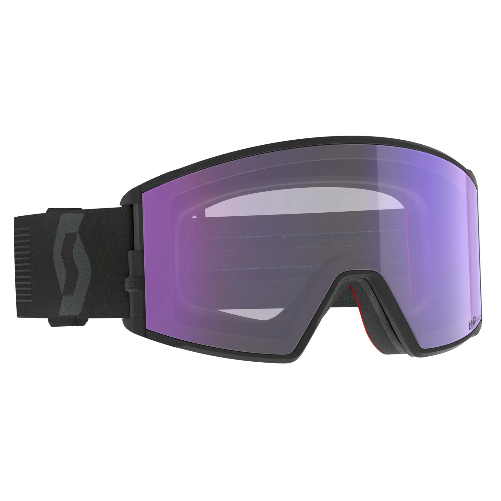 Black ski goggles with purple lenses and padded, adjustable strap, in a studio photo against a white background.
