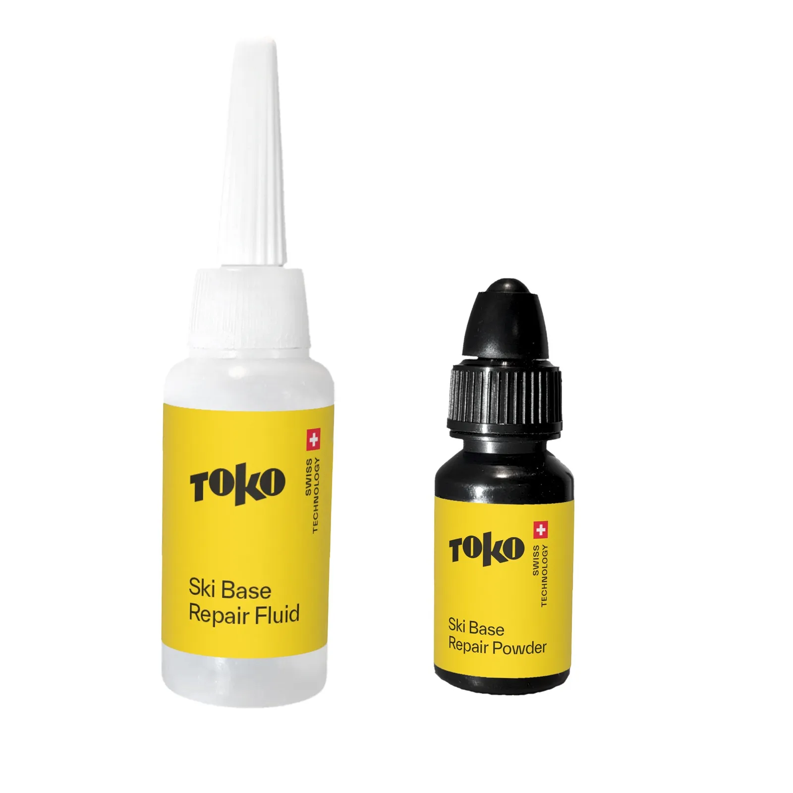 Two bottles of Ski Base Repair products from the brand Toko, one with liquid and the other with powder.