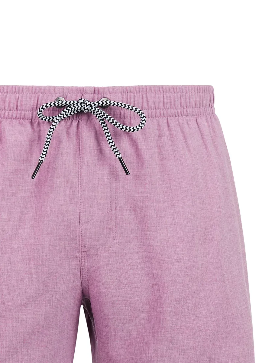 Close-up: Plum Mauve swim shorts with elastic waistband and drawstring.