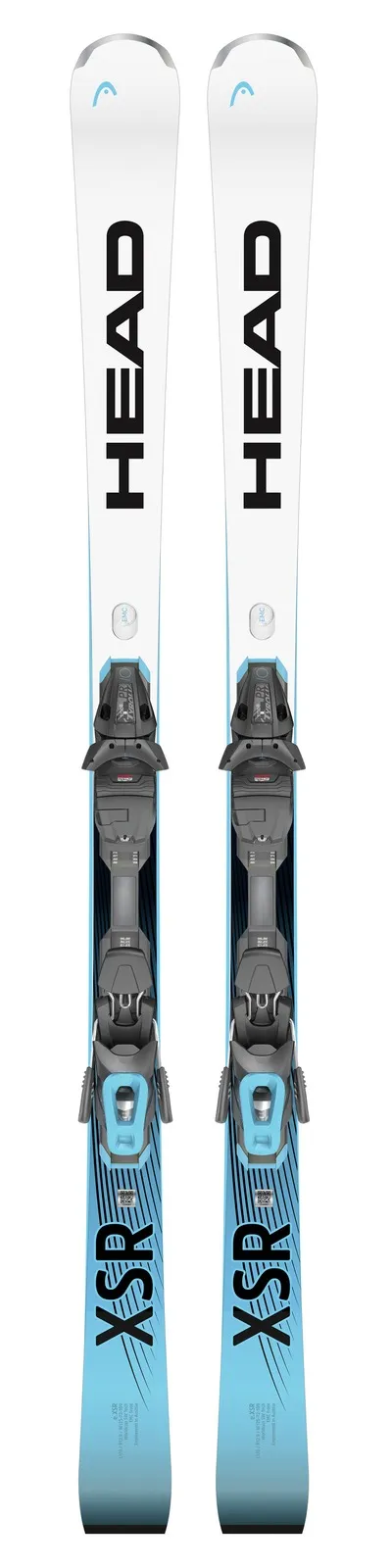 Top view of a pair of Head Worldcup Rebels e.XSR skis, white with blue and black accents.