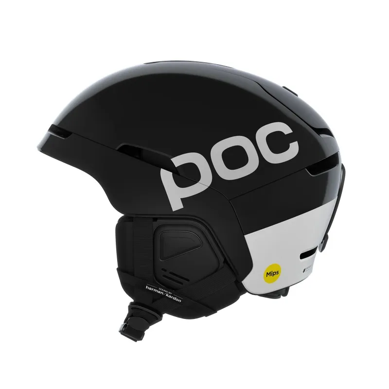 Casque de ski noir Obex Connect avec logo POC blanc et Harman Kardon Sound System sur le côté, autocollant Mips.