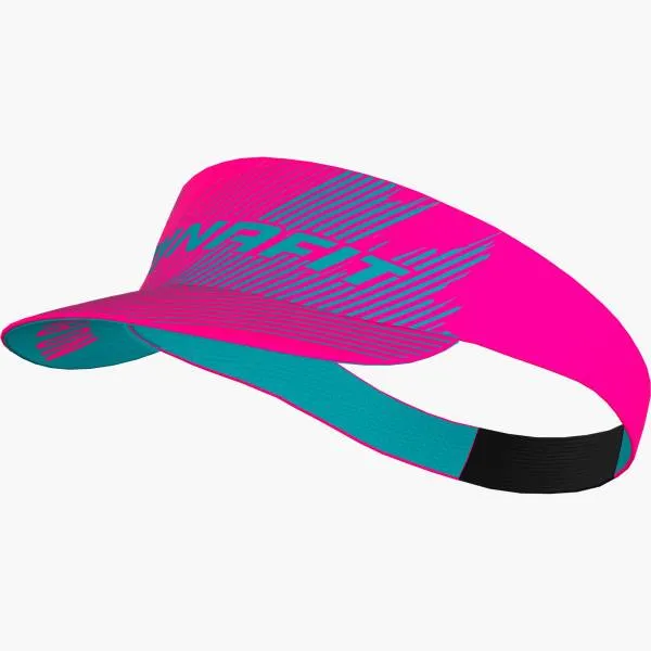 Pinkes Dynafit Alpine Graphic Visor Band mit blauem Muster und Logo, seitliche Ansicht.