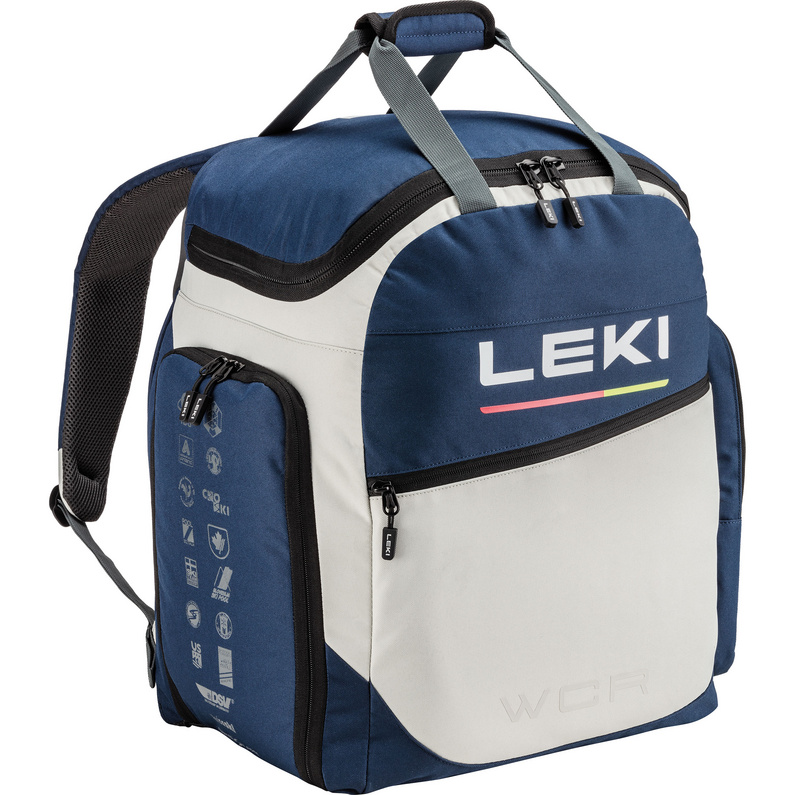 Blaue und weiße Leki Skischuhtasche mit Reißverschlüssen, Tragegriffen und Schultergurten. Aufdruck: "LEKI" und "WCR".